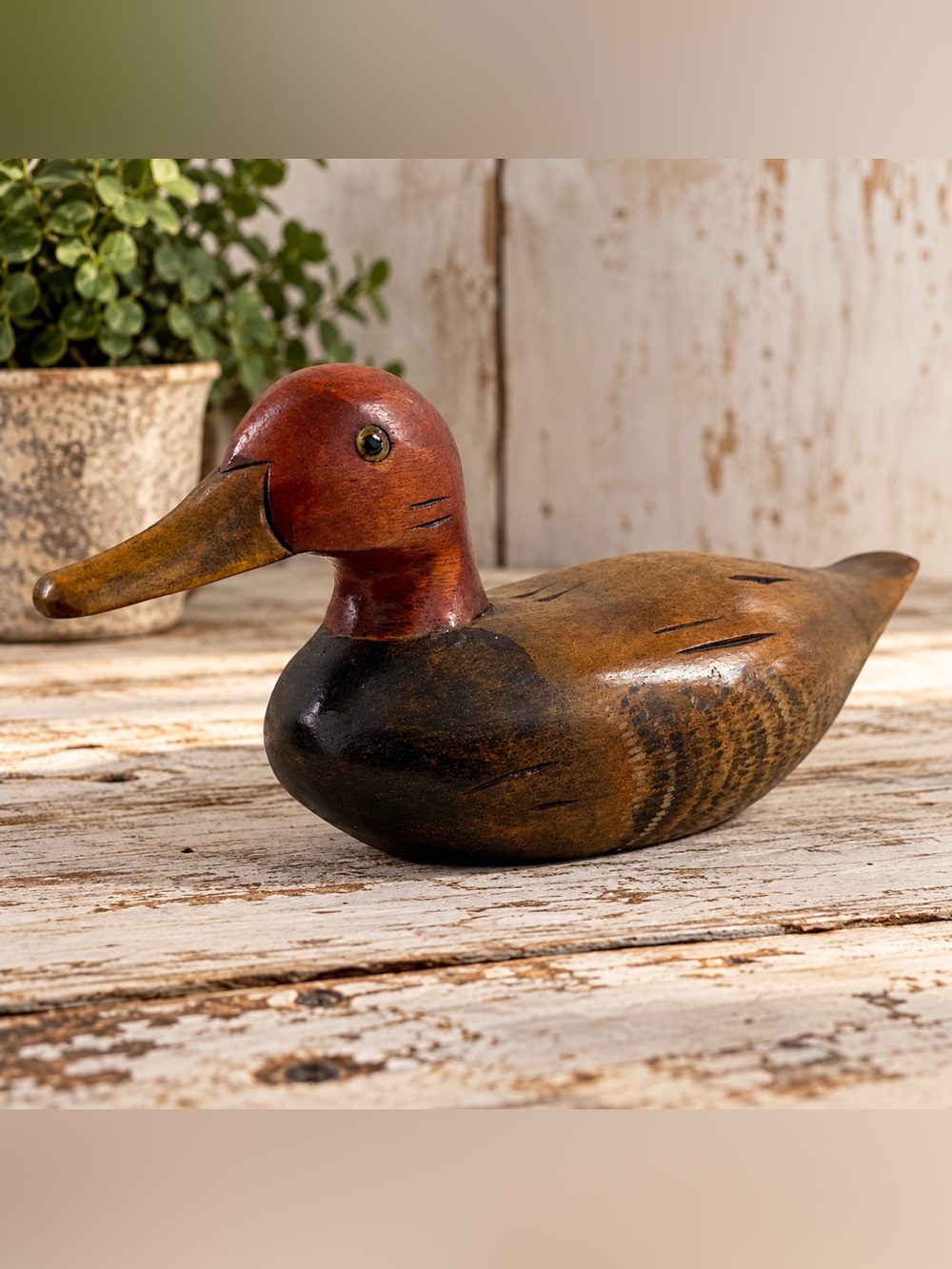 Vintage Carved Wood Duck Decoy 9.5” Glass Eyes Hand Painted Folk Art Decor